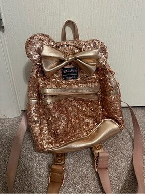 Loungefly Rose Gold Sequin Minnie Ear Backpack with Bow